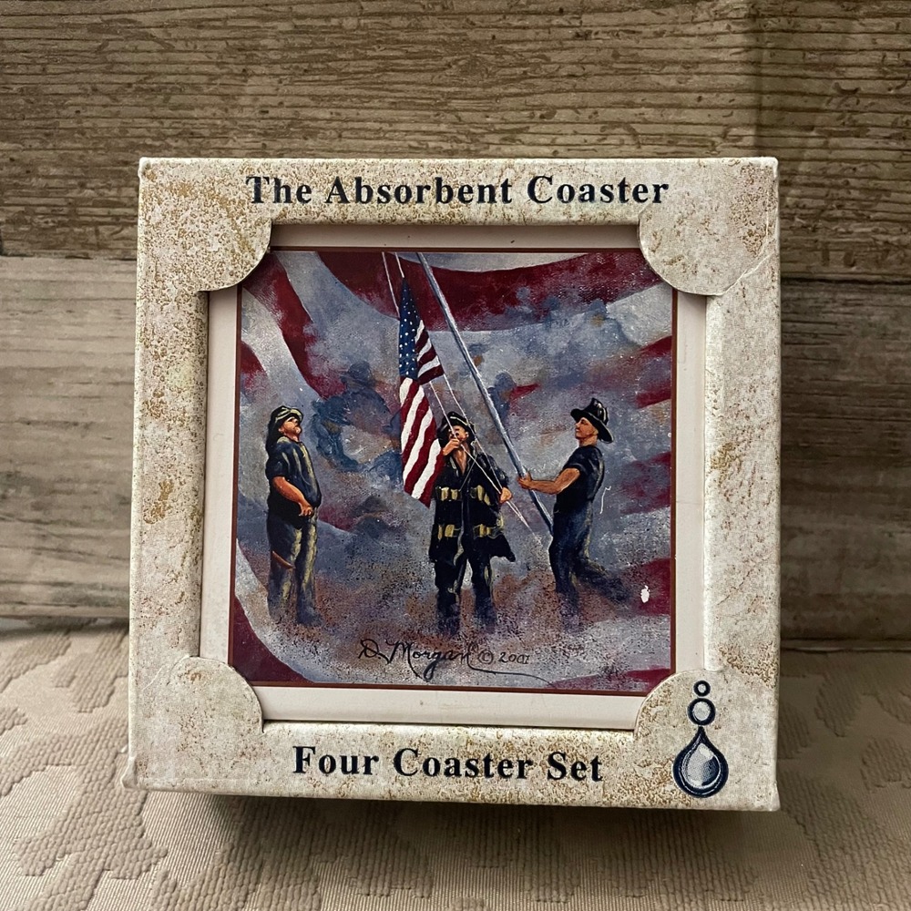 Absorbastone 9/11 Firefighters Flag Raising Coasters Set 4 D Morgan Patriotic